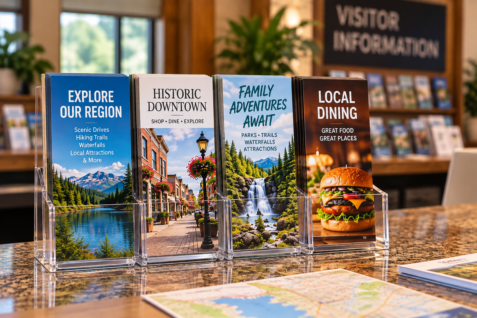 Rack cards displayed in a visitor center rack for tourism and travel promotions